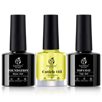 Picture of Beetles 3pcs 7.5ml Gel Top Coat Base Coat & Cuticle Oil Set, No Wipe Top Gel Glossy Shine Long Lasting DIY Home Gel Nail Lamp Required, Cuticle Oil Care for Dry, Damaged Cuticles, Stronger Nails