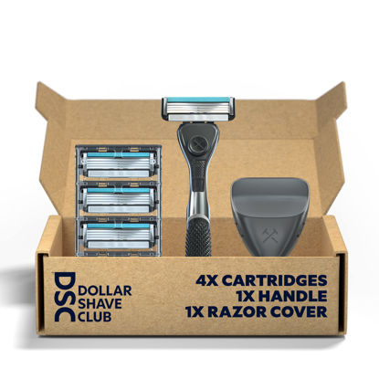 Picture of Dollar Shave Club - Shaving Kit with Diamond Grip Razor Handle, 4-Blade Blade Refills, & Blade Cover, Easy to Grip Handle, Shaving Starter Set, Great for Travel, Blue