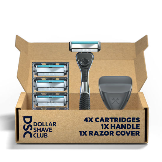 Picture of Dollar Shave Club - Shaving Kit with Diamond Grip Razor Handle, 4-Blade Blade Refills, & Blade Cover, Easy to Grip Handle, Shaving Starter Set, Great for Travel, Blue