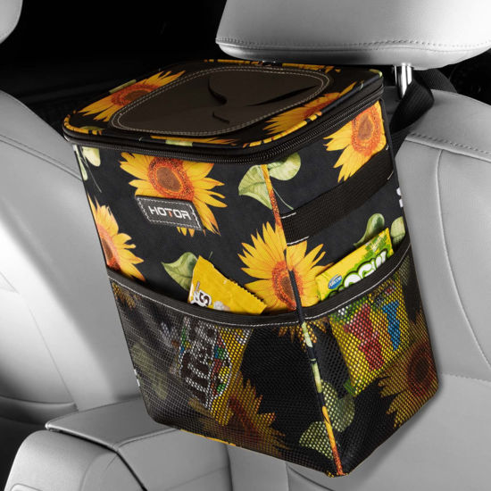 Picture of HOTOR Car Trash Can with Lid and Storage Pockets, 100% Leak-Proof Car Organizer, Waterproof Car Garbage Can, Multipurpose Trash Bin for Car - Sunflower