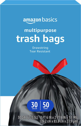 Picture of Amazon Basics Multipurpose Drawstring Trash Bags, Unscented, 30 Gallon, 50 Count (Previously Solimo)