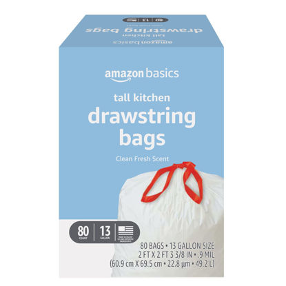 Picture of Amazon Basics Tall Kitchen Drawstring Trash Bags, Clean Fresh Scent, 13 Gallon, 80 Count (Previously Solimo)