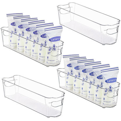 Picture of HOOJO Refrigerator Organizer Bins - 4pcs Clear Plastic Bins for Fridge, Kitchen Cabinet, Pantry Organization, ideal BPA Free Freezer Organizers for Storing Breast milk Storage Bags, 14.5" Long-Narrow