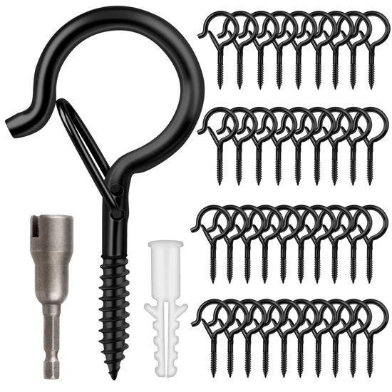 Picture of 50 Pack Screw-in Hooks for Outdoor String Lights, Q Hangers String Light Hooks Outdoor for Outside, Swivel Hanging Basket Patio Light Hooks with Safe Buckle Screw in Planter Eye Hook for Wall Ceiling