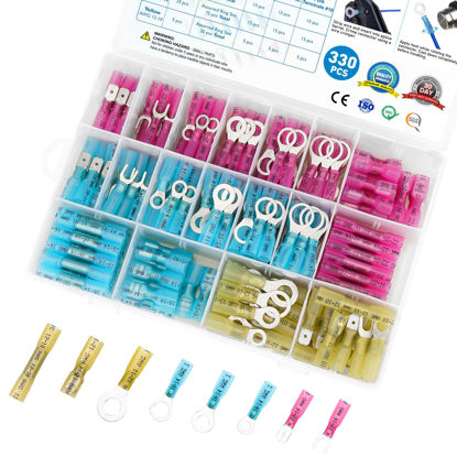Picture of TICONN 330Pcs Heat Shrink Wire Connectors, Waterproof Automotive Marine Electrical Terminals Kit, Crimp Connector Assortment, Ring Fork Spade Butt Splices