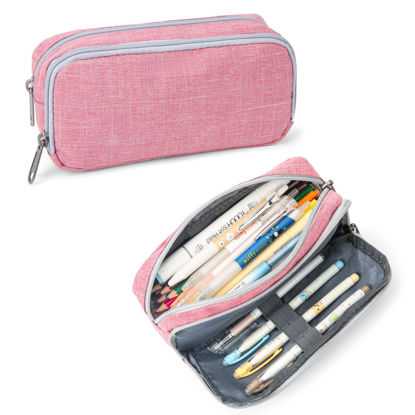 Picture of Della Gao Big Capacity Pencil Case, Durable Nylon Pencil Bag Aesthetic Pencil Pouch Travel Simple Stationery Bag Office Organizer Pen Bag for Adults - Pink