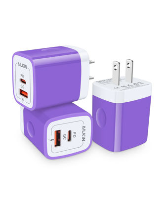 Picture of USB C Wall Charger, AILKIN 3Pcs 20W PD + QC3.0 USBC Charger Block Super Fast Power Output Rapid Charging Box Wall Plug Cube for iPhone 13 12, Samsung Galaxy S21, Motorola, LG, Google Pixel 6Pro-Purple
