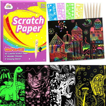 Picture of ZMLM Scratch Art Paper Kit: 50pcs Magic Scratch Papers Craft Set 5 Bright Color Drawing Bulk Supplies for Age 3 4 5 6 7 8 Year Old Boy Girl Kid Toy Gift for Birthday Christmas Halloween