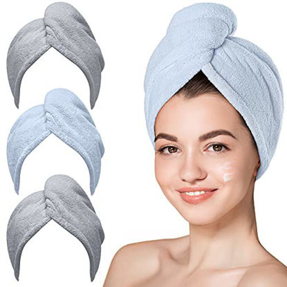 Picture of Hicober Microfiber Hair Towel, 3 Packs Hair Turbans for Wet Hair, Drying Hair Wrap Towels for Curly Hair Women Anti Frizz(Grey,Blue,Grey)