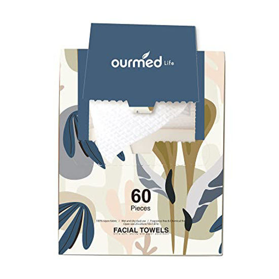 Picture of Ourmed Life Disposable Face Towel | Lint-Free Biodegradable Clean Towels | Dry Makeup Remover Wipes | Super Soft & Thick for Sensitive Skin | 10-Inch X 7.87-Inch | 60 Count