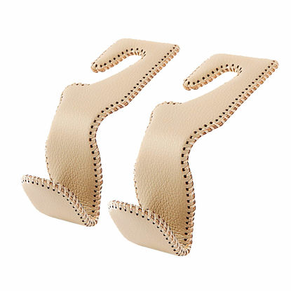 Picture of Headrest Hooks for Purses and Bags, Car Back Seat Headrest Hanger Vehicle Beige Leather Storage Hook, Pack of 2