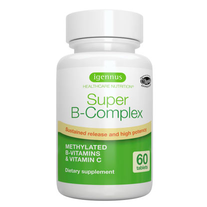 Picture of Super B-Complex - Methylated Sustained Release B Complex & Vitamin C, Folate & Methylcobalamin, Vegan, Energy, Heart & Brain Function, 60 Small Tablets…