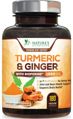 Picture of Turmeric Curcumin with BioPerine & Ginger 95% Standardized Curcuminoids 1950mg - Black Pepper for Max Absorption, Natural Joint Support, Nature's Tumeric Extract Supplement Non-GMO - 180 Capsules