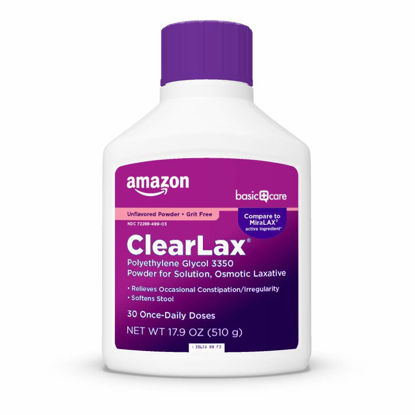 Picture of Amazon Basic Care ClearLax, Polyethylene Glycol 3350 Powder for Solution, Osmotic Laxative, Unflavored, 17.9 Ounces