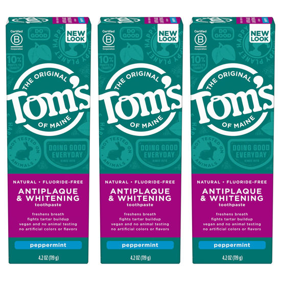 Picture of Tom's of Maine Fluoride-Free Antiplaque & Whitening Natural Toothpaste, Peppermint, 4.2 oz. 3-Pack (Packaging May Vary)