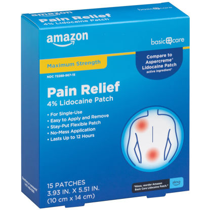 Picture of Amazon Basic Care Maximum Strength OTC Pain Relief Patch | 4% Lidocaine Patch | 3.9” x 5.5” | 15-Count Box (Previously HealthWise)