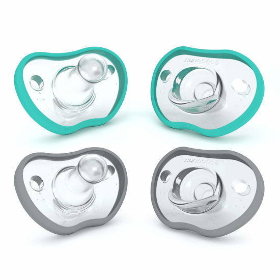 Picture of Nanobebe Baby Pacifiers 0-3 Month - Orthodontic, Curves Comfortably with Face Contour, Award Winning for Breastfeeding Babies, 100% Silicone - BPA Free. Baby Registry Gift 4pk,Teal/Grey