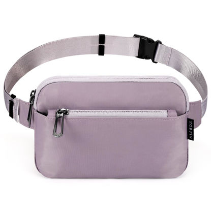 Picture of ZORFIN Fanny Packs for Women Men, Crossbody Fanny Pack, Belt Bag with Adjustable Strap, Fashion Waist Pack for Outdoors/Workout/Traveling/Casual/Running/Hiking/Cycling (Light Purple, Gray Zip)
