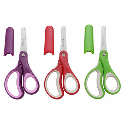 Picture of LIVINGO 5" Left and Right Handed Kids Scissors, Safety Blunt Sharp Stainless Steel Blade Scissors for Children School Teacher Use Crafting Cutting Paper, 3 Pack Assorted Colors