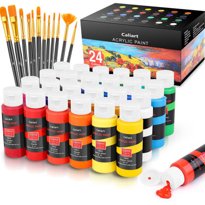 Picture of Caliart Acrylic Paint Set with 12 Brushes, 24 Colors (59ml, 2oz) Art Craft Paints Gifts for Artists Kids Beginners & Painters, Halloween Pumpkin Canvas Ceramic Rock Painting Kit Art Supplies