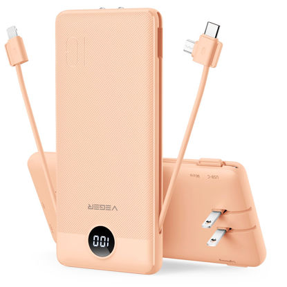 Picture of VEGER Portable Charger for iPhone Built in Cables Fast Charging USB C Slim 10000 Power Bank, Wall Plug USB Battery Pack for iPhones, iPad, Samsung More Phones Tablets (Pink)