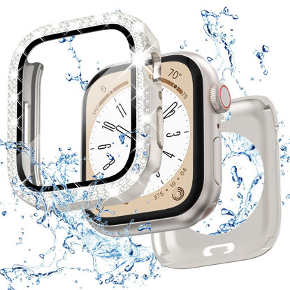 Picture of 2 in 1 Bling Waterproof Case for iWatch Series SE 6 5 4 44mm, 360 Protective PC Cover Front & Back Case with Tempered Glass Screen Protector, Double Rows Diamond Watch Case for Women, 44mm/Starlight