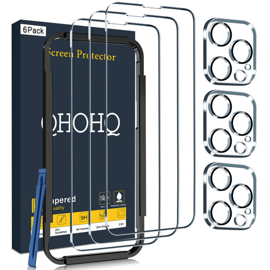 Picture of QHOHQ 3 Pack Screen Protector for iPhone 14 Pro Max 6.7 Inch with 3 Pack Tempered Glass Camera Lens Protector, Ultra HD, 9H Hardness, Scratch Resistant, Case Friendly