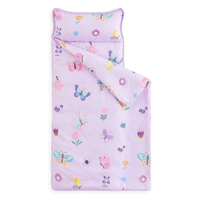 Picture of Wake In Cloud - Extra Long Nap Mat with Removable Pillow for Kids Toddler Boys Girls Daycare Preschool Kindergarten Sleeping Bag, Butterfly and Flowers Printed on Purple,100% Soft Microfiber