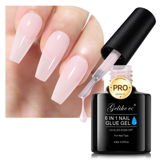 Picture of Gelike EC Nude-Colored Nail Glue Gel - 6 in 1 Extra Strong Nail Glue Nail Polish for Clear Acrylic Nail French Manicure,Long Lasting Adhesive UV Nail Glue for Clear Press On Nail Tips,UV Cure Required