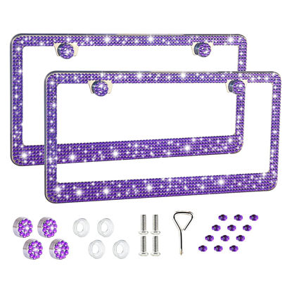 Picture of FIISFIIS Bling License Plate Frame for Women,2 Pack Premium Stainless Steel Rhinestone License Plate Holder,Handmade Glitter Crystal Diamond Lincense Plate Cover for Girl,Bedazzled Sparkly Caps-Violet