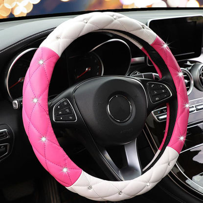 Picture of YOGURTCK Cute Diamond Soft Leather Anti-Slip Steering Wheel Cover with Bling Bling Crystal Rhinestones, Universal 15 Inch for Women Girls, Fit Vehicles, Sedans, SUVs, Vans, Trucks - Hot Pink and White