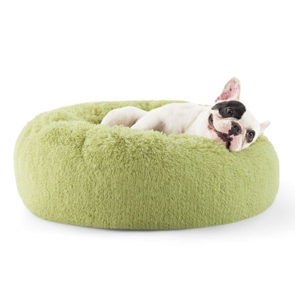 Picture of Bedsure Calming Dog Bed for Small Dogs - Donut Washable Small Pet Bed, Round Anti Anxiety Fluffy Plush Faux Fur Large Cat Bed, Fits up to 25 lbs Pets, Green, 23 inches