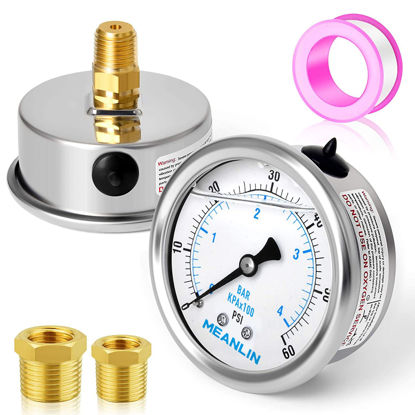 Picture of MEANLIN MEASURE 0~60Psi Stainless Steel 1/4" NPT 2.5" FACE DIAL Liquid Filled Pressure Gauge WOG Water Oil Gas Center Back Mount