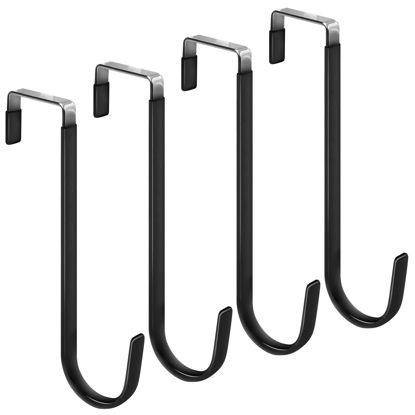 Picture of FYY Over The Door Hooks, 4 Pack Upgraded Long Door Hangers Hooks with Rubber Prevent Scratches Heavy Duty Organizer Hooks for Hanging Clothes, Towels, Hats, Coats, Bags Black