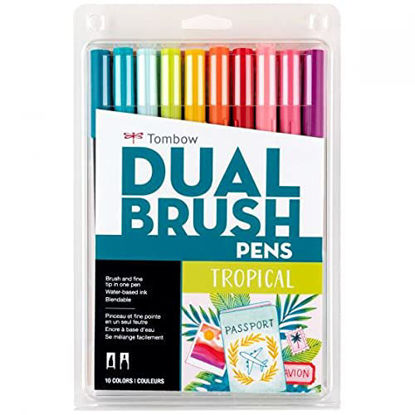 Picture of Tombow 56189 Dual Brush Pen Art Markers, Tropical, 10-Pack. Blendable, Brush and Fine Tip Markers