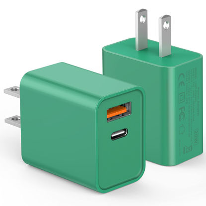 Picture of 2Pack 20W Type C Charger, Dual Port USB C Wall Plug 20W PD & QC3.0 USB A Fast Charging Block for iPhone, Samsung Galaxy, Google Pixel, Motorola, Oneplus Kindle Cargador Cube Brick Box, Green
