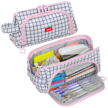 Picture of EOOUT Big Capacity Pencil Case Pencil Pouch Pen Bag Large Organized Cute Pen Case for School Stationery and Travel Cosmetics Storage (Plaid White)