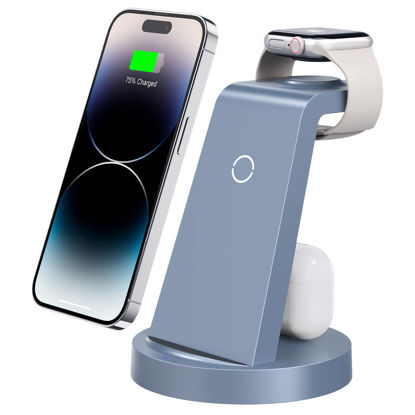 Picture of 3 in 1 Charging Station for iPhone, Wireless Charger for iPhone 14 13 12 11 X Pro Max & Apple Watch - Charging Stand Dock for AirPods (Blue)