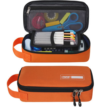 Picture of ECHSRT Pencil Case for Men Women, Large Pen Bag for Adults, Portable Pencil Pouch Aesthetic with Handle, Zipper Cases for Office Organizer Orange Pencil Cases