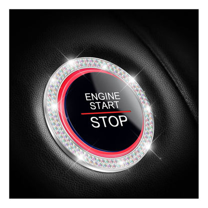 Picture of Car Bling Crystal Rhinestone Engine Start Ring Decals, 2 Pack Car Push Start Button Cover/Sticker, Key Ignition Knob Bling Ring, Sparkling Car Interior Accessories for Women (Multicolored)