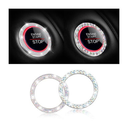 Picture of Car Bling Rhinestone Engine Start Ring Stickers, 1 Single Drainage Drill and 1 Double Drainage Drill Car Start Button Cover, Key Ignition Knob Bling Ring Decals, Bling Car Accessories(Multicolor1)