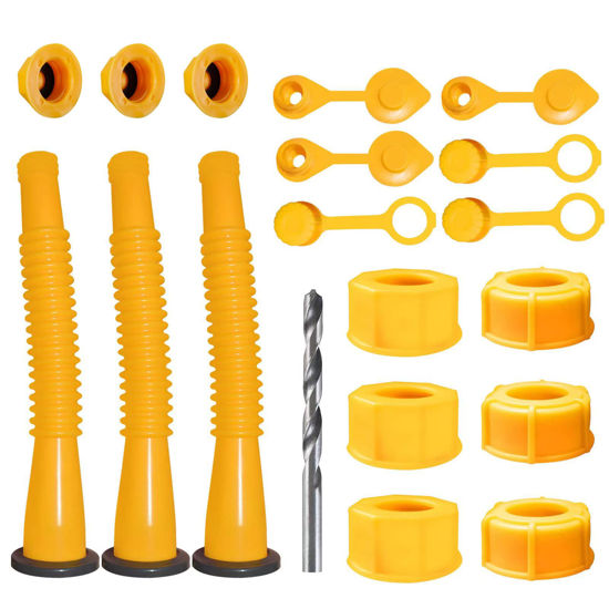 Picture of Gas Can Spout Replacement,Gas Can Nozzle,(3 Kit-Yellow) with 6 Screw Collar Caps(3 Coarse Thread &3 Fine Thread-Fits Most of The Cans) with Gas Can Vent Caps,Thick Rubber pad,Spout Cover,Base Caps