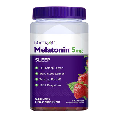 Picture of Natrol Melatonin Sleep Aid Gummy, Dietary Supplement, Fall Asleep Faster, Stay Asleep Longer, Drug Free and Gelatin Free, 5mg, 140 Strawberry Flavored Gummies