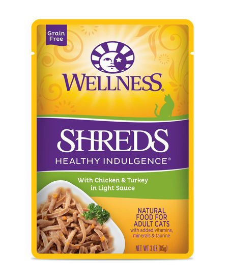 Picture of Wellness Healthy Indulgence Shreds Grain-Free Wet Cat Food, Made with Natural Ingredients and Quality Proteins, Complete and Balanced Meal, 3 oz Pouches (Chicken & Turkey in Light Sauce, 24 Pack)