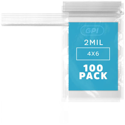 Picture of Clear Plastic RECLOSABLE Zip Bags - Bulk GPI Pack of 100 4" x 6" 2 mil Thick Strong & Durable Poly Baggies with Resealable Zip Top Lock for Travel, Storage, Packaging & Shipping.