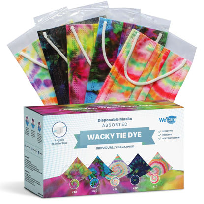 Picture of WECARE Disposable Face Mask Individually Wrapped - 50 Pack, Assorted Wacky Tie Dye Masks - 3 Ply
