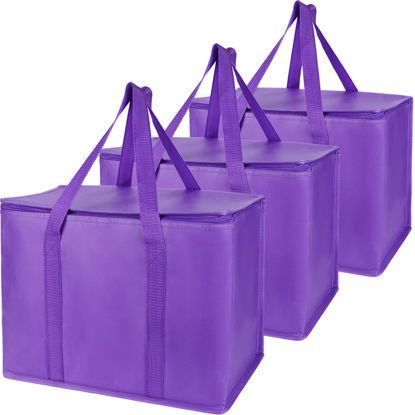 Picture of Bodaon 3-Pack Insulated Grocery Bags for Food Transport, X-Large Thermal Bag for Hot Cold Meal, Cooler Bag for Shopping, Delivery, Purple