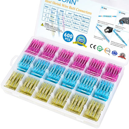 Picture of TICONN 600PCS Heat Shrink Butt Wire Connector Kit, Insulated Waterproof Electrical Wire Crimp Terminals Butt Splice for Marine Automotive (600PCS)