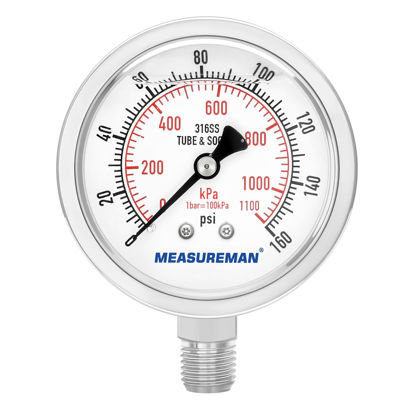 Picture of MEASUREMAN Fully Stainless Steel Hydraulic Glycerin Filled Pressure Gauge, 2-1/2" Dial Size, 1/4"NPT Lower Mount, 0-160psi/kpa