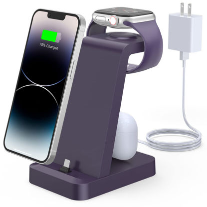Picture of Charging Station for iPhone - 3 in 1 Wireless Charger Stand for Apple Watch Series 7 6 SE 5 4 3 2 & Charging Dock for iPhone 14 13 12 11 Pro X Max XS XR 8 7 Plus 6s 6 Airpods with Adapter